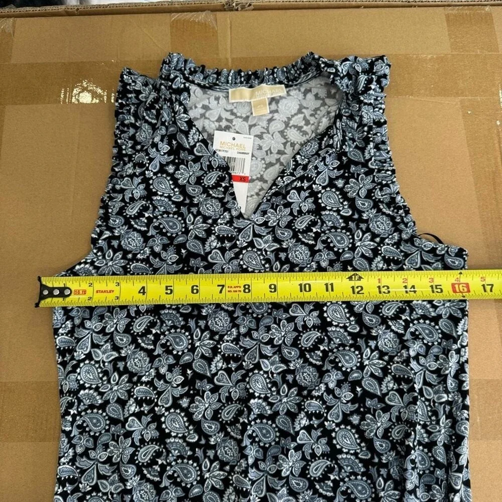 NWT Michael Kors Paisley Boho‎ Soft Stretch Mini V-neck Sleeveless Dress XS Blue
